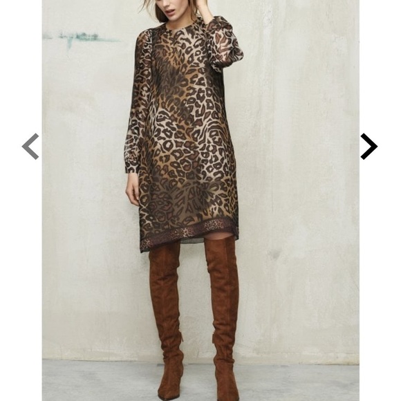 LUISA CERANO Leopard Silk Chiffon Dress Brown Cream Knee Length Shift Sz M - Picture 2 of 13